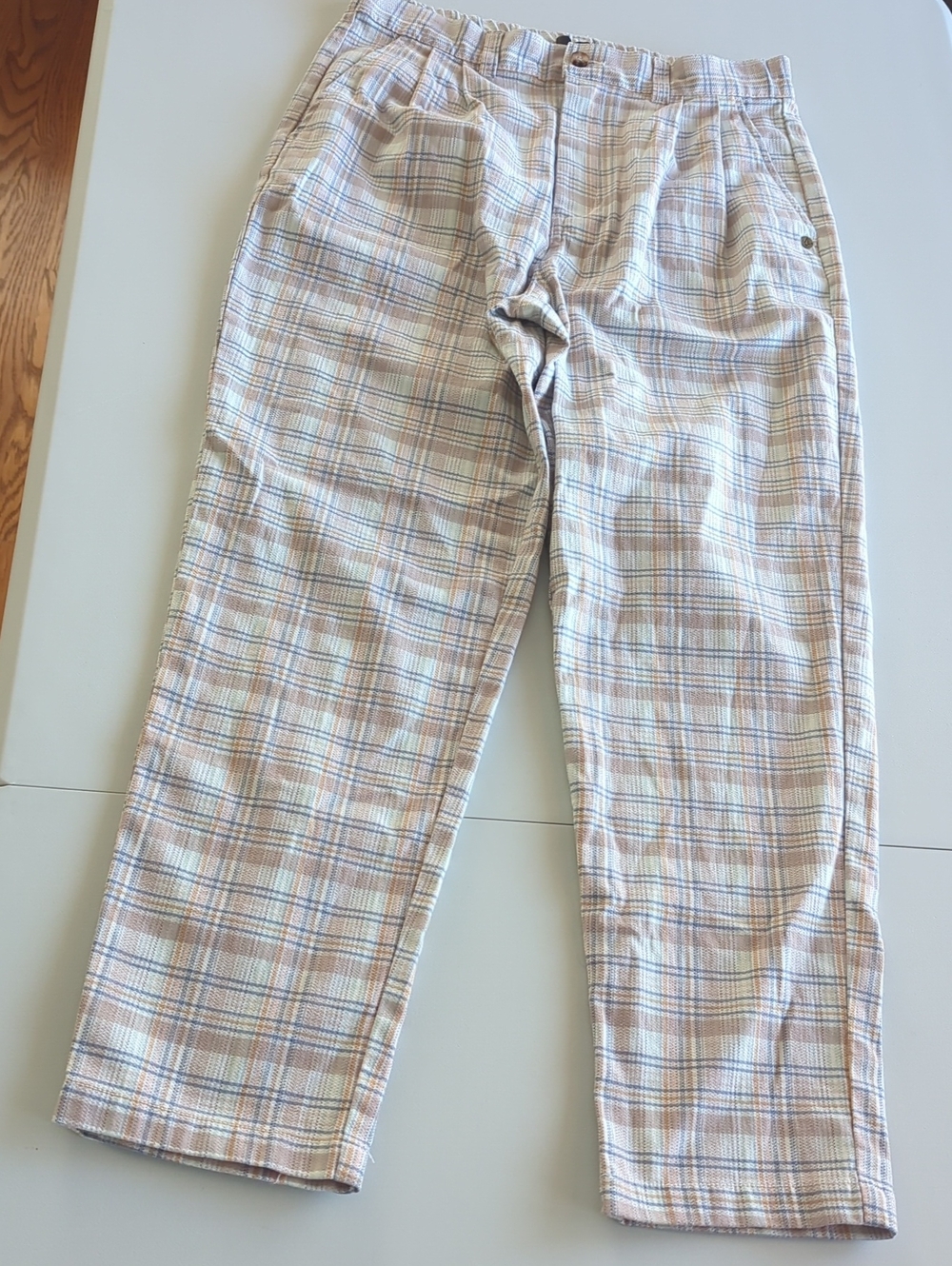 Volcom Women's Beige Plaid Cropped Pants with Blue Stripes